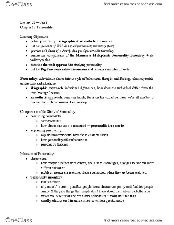 PSYA02H3 Lecture Notes - Lecture 2: Nomothetic, Projective Test thumbnail