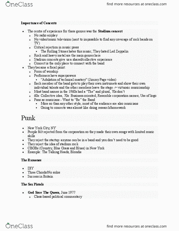 MUSIC140 Lecture Notes - Lecture 12: Talking Heads, Sex Pistols, Jimmy Page thumbnail