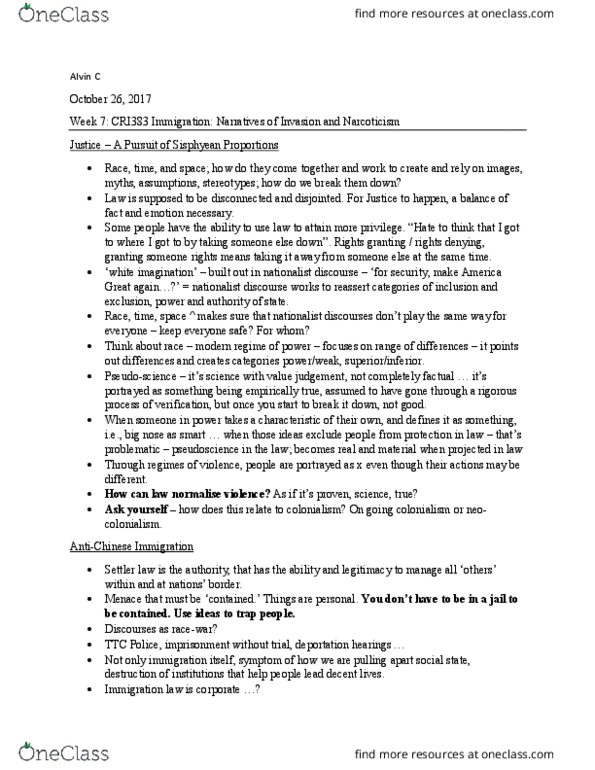 CRI383H1 Lecture Notes - Lecture 7: Immigration Law, Pseudoscience thumbnail