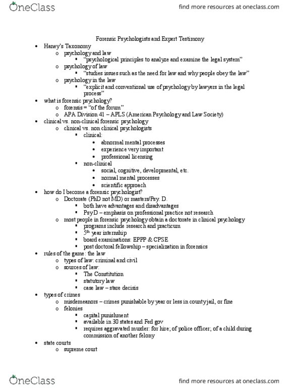 CRM/LAW C160 Lecture Notes - Lecture 1: Forensic Psychology, Precedent, General Jurisdiction thumbnail