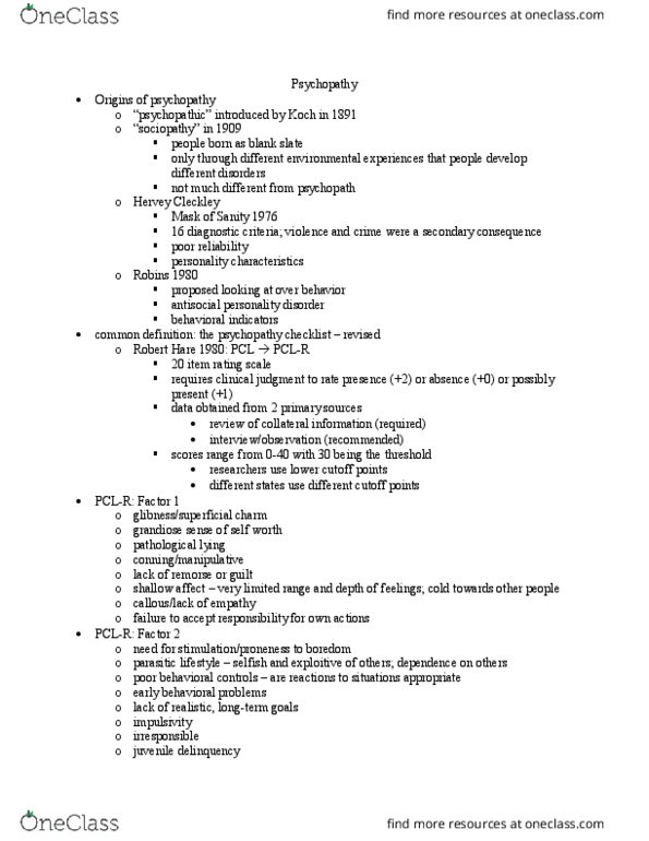 CRM/LAW C160 Lecture Notes - Lecture 3: Hervey M. Cleckley, Psychopathy Checklist, Antisocial Personality Disorder thumbnail