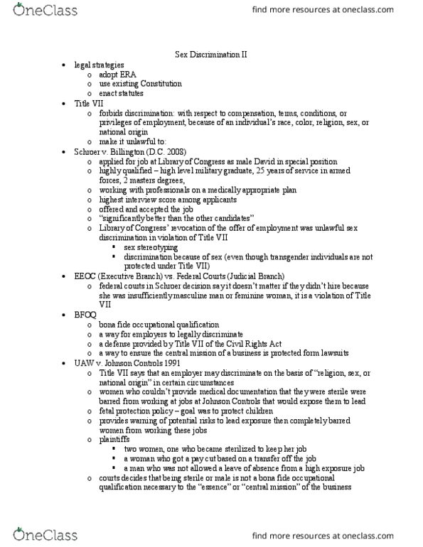 CRM/LAW C113 Lecture Notes - Lecture 5: Civil Rights Act Of 1964, Johnson Controls, United Automobile Workers thumbnail