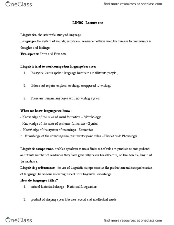 LIN101H1 Lecture Notes - Lecture 1: Linguistic Competence, Linguistic Performance, Word Formation thumbnail