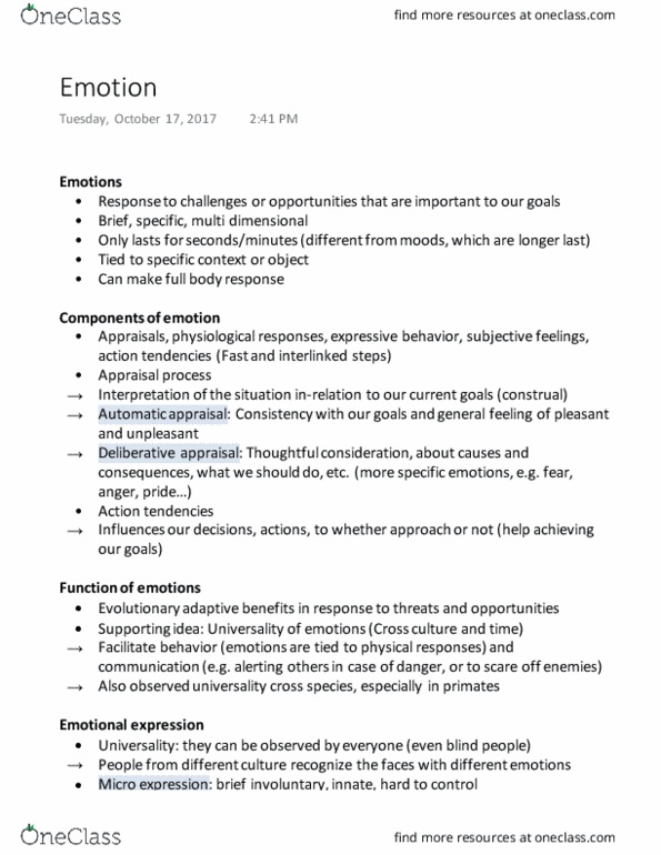 PSYC 215 Lecture Notes - Lecture 11: Emotional Expression, Duration Neglect, Impact Bias thumbnail