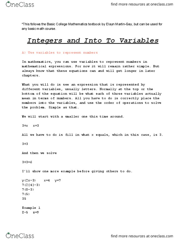 MATH 097 Chapter 2: Intergers and Intro to Variables thumbnail