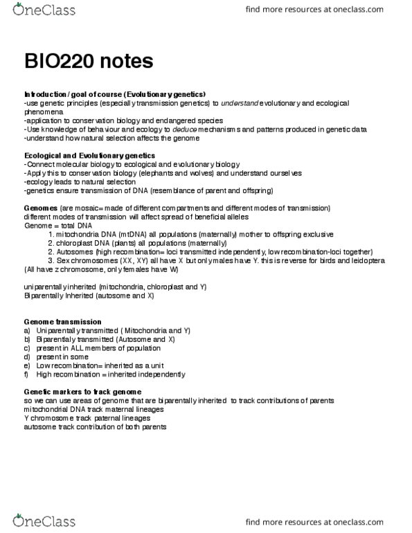 BIO220H1 Lecture Notes - Lecture 1: Chloroplast Dna, Y Chromosome, Conservation Biology thumbnail