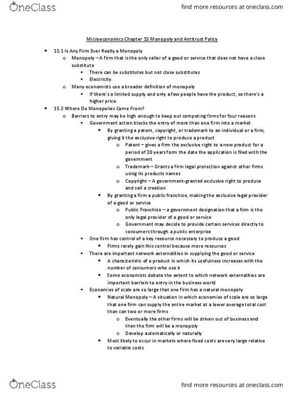 ECO2023 Chapter Notes - Chapter 15: Market Power, Sherman Antitrust Act, Deadweight Loss thumbnail