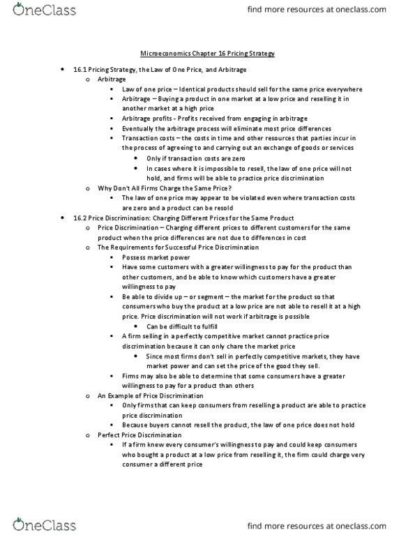 ECO2023 Chapter Notes - Chapter 16: Arbitrage, Price Discrimination, Marginal Revenue thumbnail