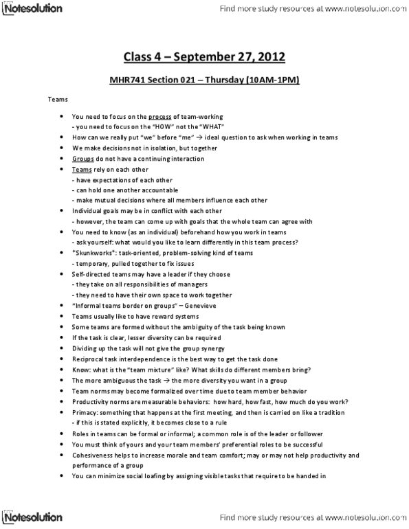 MHR 741 Lecture Notes - Social Loafing thumbnail
