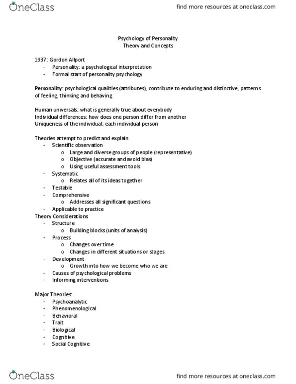 PSY 0160 Lecture Notes - Lecture 1: Personality Psychology, Gordon Allport thumbnail