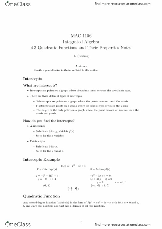 MAC1106 Lecture Notes - Lecture 13: Quadratic Equation thumbnail