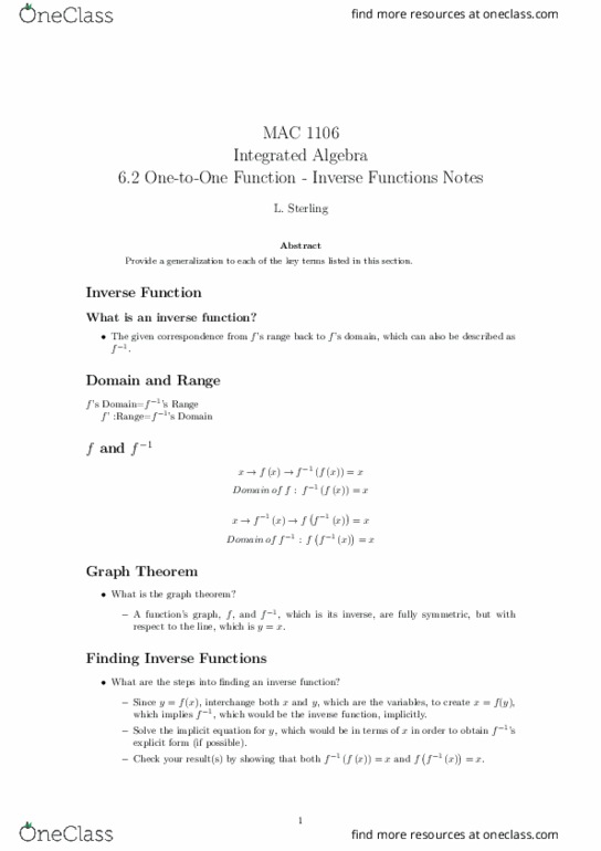 MAC1106 Lecture Notes - Lecture 21: Inverse Function thumbnail