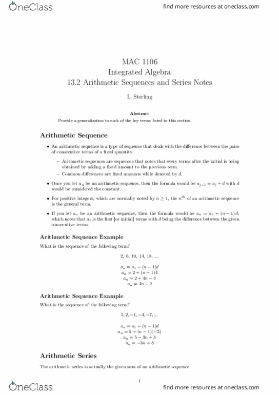 MAC1106 Lecture Notes - Lecture 37: Arithmetic Progression thumbnail