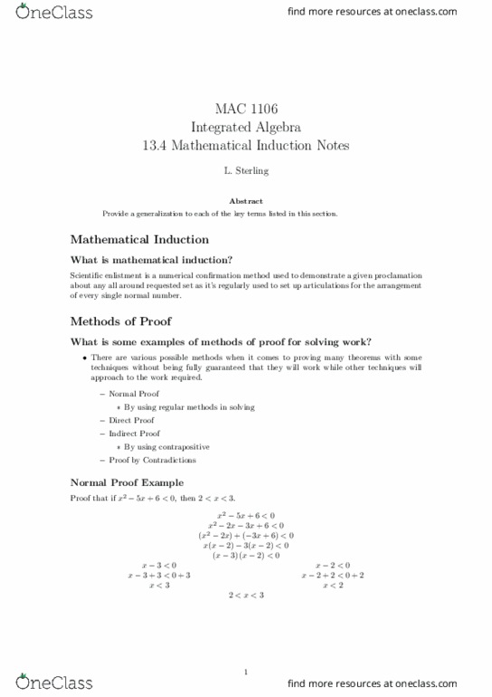 MAC1106 Lecture Notes - Lecture 39: Contraposition, Counterexample, Mathematical Induction thumbnail