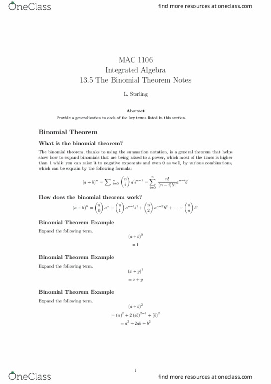 MAC1106 Lecture Notes - Lecture 40: Binomial Theorem thumbnail