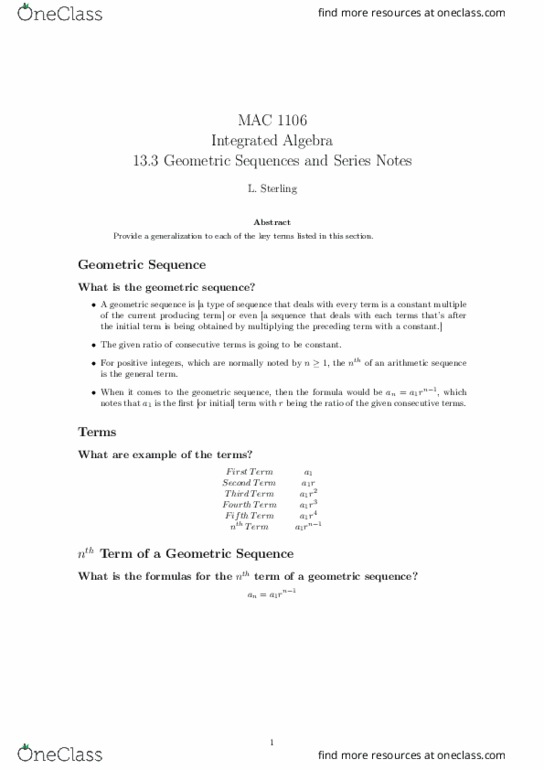 MAC1106 Lecture Notes - Lecture 38: Geometric Progression, Arithmetic Progression thumbnail
