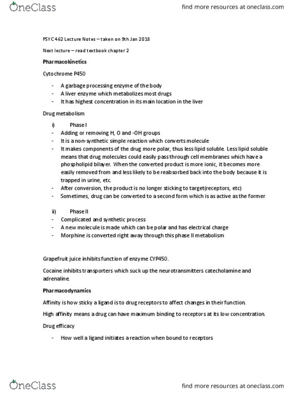 PSYC 462 Lecture Notes - Lecture 2: Ed50, Indirect Agonist, Cytochrome P450 thumbnail