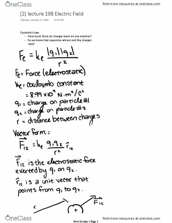 PHYS 1B Lecture Notes - Lecture 2: Test Particle, Electric Field, Net Force thumbnail