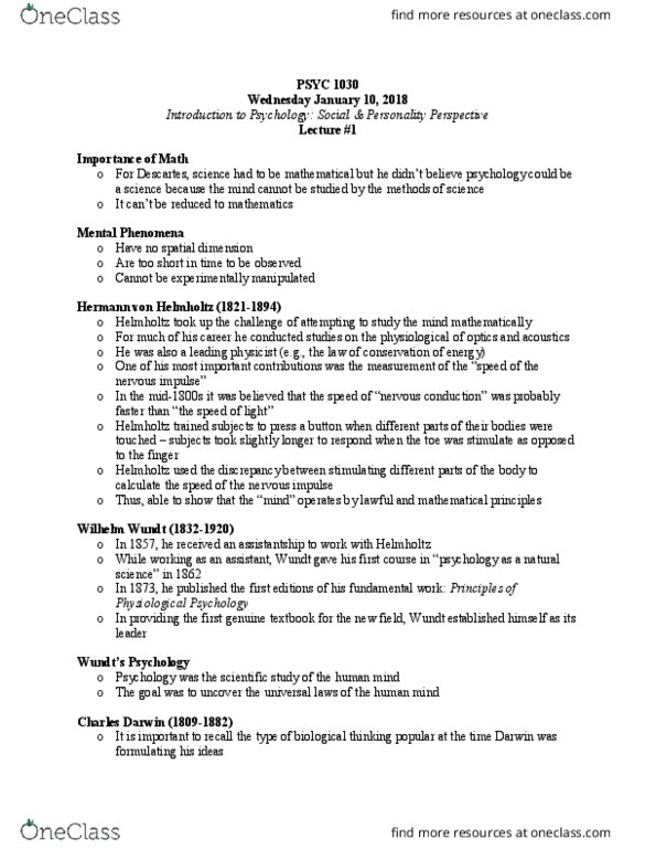 PSYC 1030H Lecture Notes - Lecture 1: Wilhelm Wundt, Psychometrics thumbnail