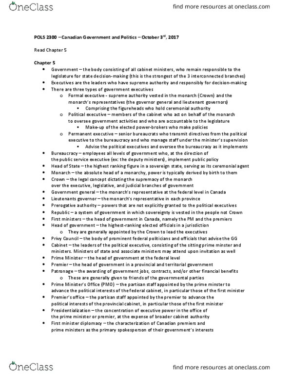 POLS 2300 Lecture Notes - Lecture 13: Treasury Board Secretariat, Backbencher thumbnail