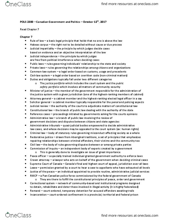POLS 2300 Lecture Notes - Lecture 11: Intelligent Platform Management Interface, Crown Attorney, Habeas Corpus thumbnail