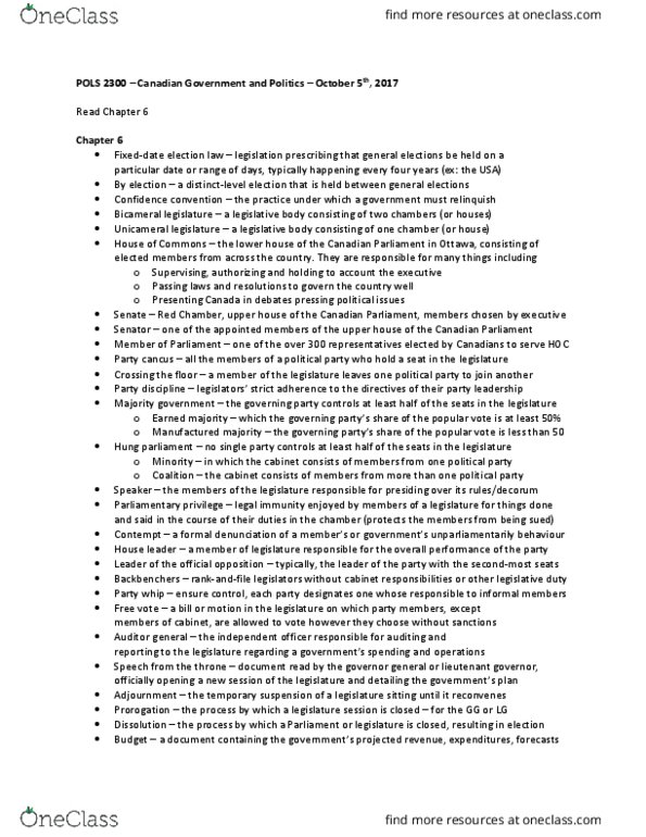 POLS 2300 Lecture Notes - Lecture 7: Primary And Secondary Legislation, Comptroller, Bicameralism thumbnail