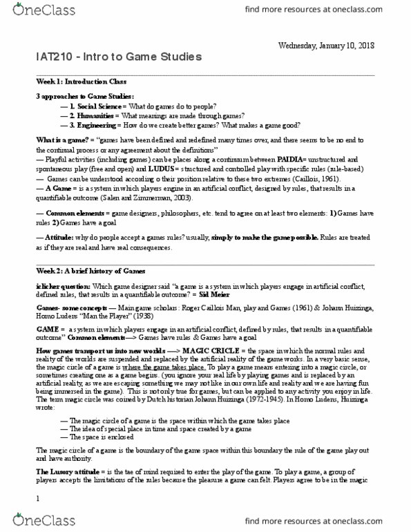 IAT 210 Lecture Notes - Lecture 2: List Of Playstation Home Game Spaces, Johan Huizinga, Lindsay Grace thumbnail