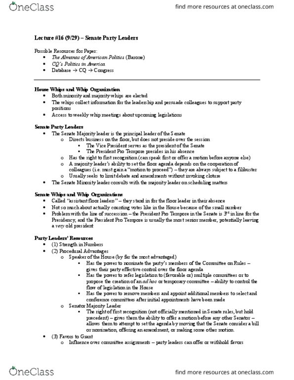 PSC 3310 Lecture Notes - Lecture 16: Narrowcasting, Cloture thumbnail