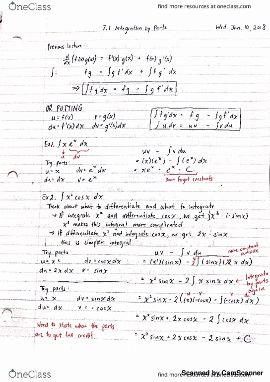 Calculus 1301A/B Lecture 3: 7.1 Integration by Parts thumbnail