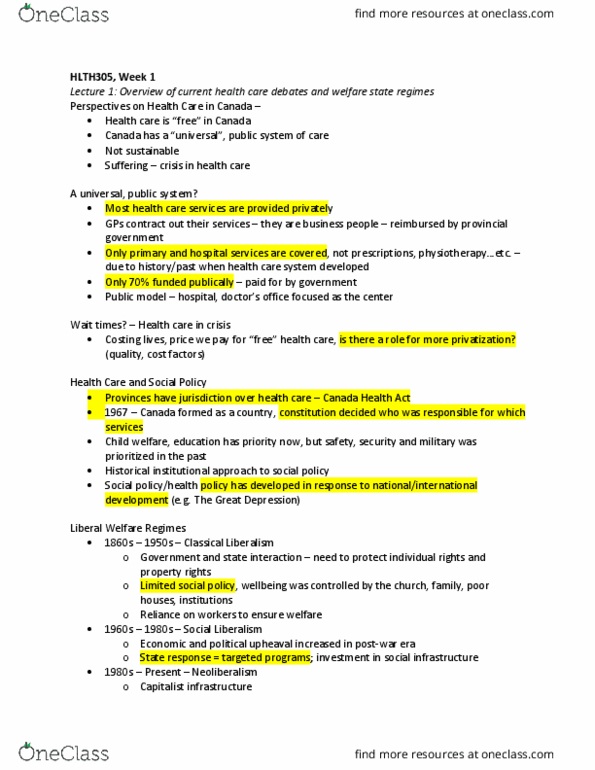 HLTH 305 Lecture Notes - Lecture 1: Social Liberalism, Canada Health Act, Neoliberalism thumbnail