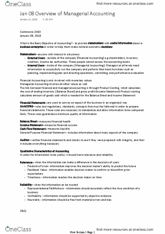 COMMERCE 2AB3 Lecture Notes - Lecture 1: Financial Statement, Management Accounting, Income Statement thumbnail