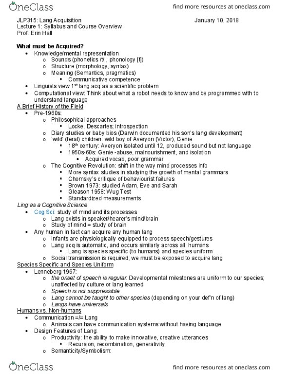 JLP315H1 Lecture Notes - Lecture 1: Childes, Arcuate Fasciculus, Eric Lenneberg thumbnail