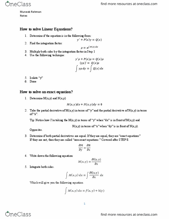 ENGR 213 Chapter Notes - Chapter 1-5: Integrating Factor, Damping Ratio, System Of Linear Equations thumbnail