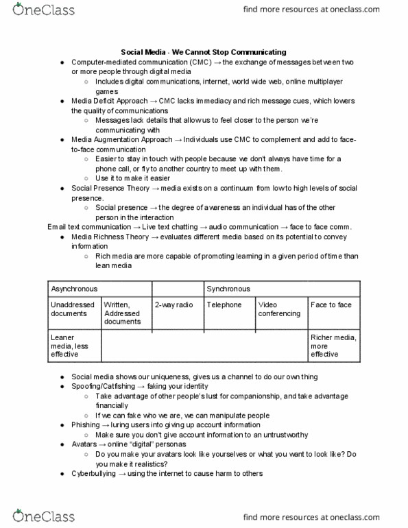 COMM 1000 Lecture Notes - Lecture 19: Social Presence Theory, Cyberbullying, Cliffhanger thumbnail