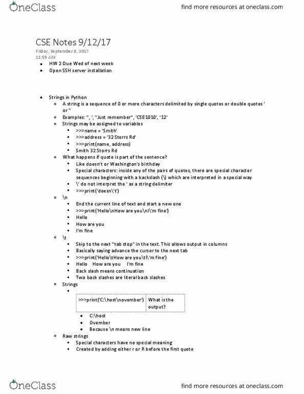 CSE 1010 Lecture Notes - Lecture 1: Jython, Empty String, Delimiter thumbnail