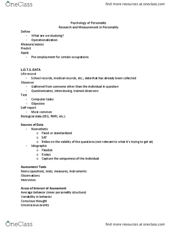 PSY 0160 Lecture Notes - Lecture 2: Nomothetic, Face Validity, Operationalization thumbnail