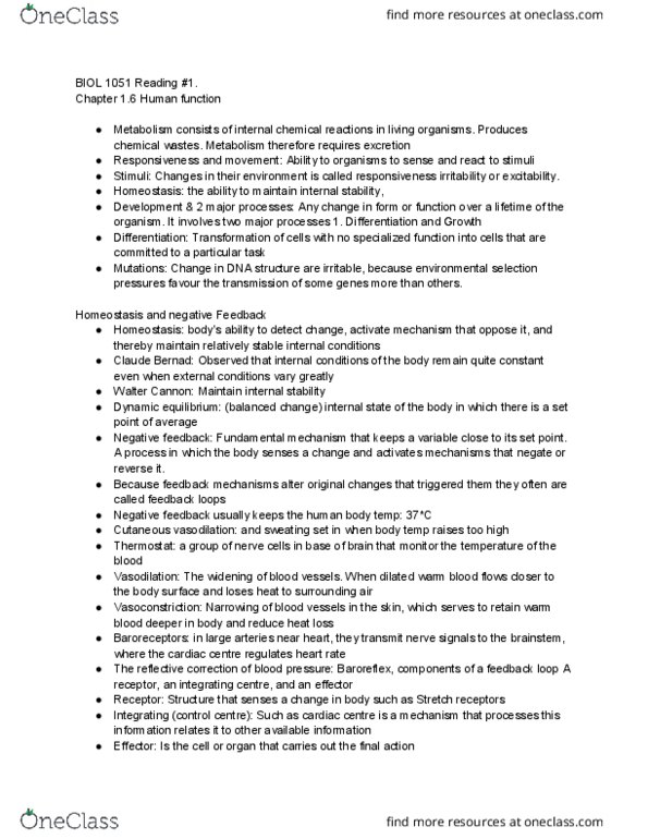 BIOL 1051H Chapter Notes - Chapter 1: Thermostat, Vasoconstriction, Brainstem thumbnail