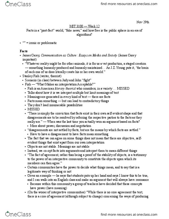 Media, Information and Technoculture 3100F/G Lecture Notes - Lecture 12: Kellyanne Conway, Shattered Mirror, Literary Theory thumbnail