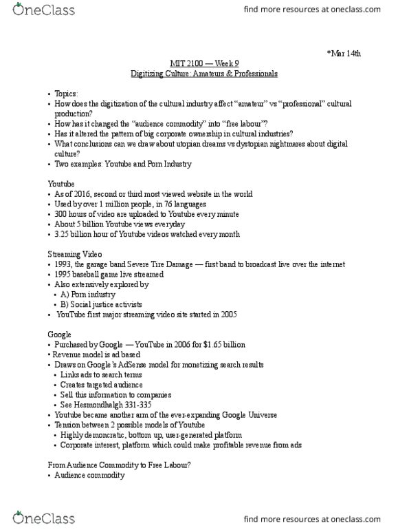 Media, Information and Technoculture 2100F/G Lecture Notes - Lecture 9: Pewdiepie, Digitizing, Adsense thumbnail