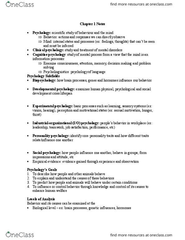 Psychology 1000 Chapter Notes - Chapter Chapter 10: Clinical Psychology, Monism, Behaviorism thumbnail