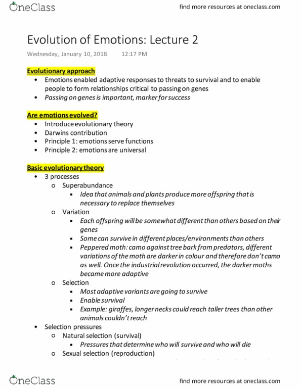 PSY331H5 Lecture 2: Evolution of Emotions Lecture 2: Social Psychology of Emotion thumbnail