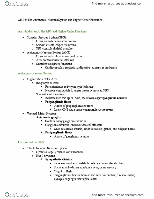 BIO 212 Lecture Notes - Lecture 14: Dementia, Ventral Root Of Spinal Nerve, Defecation thumbnail