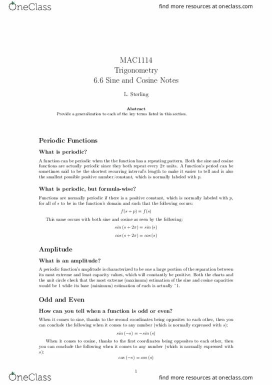 MAC1114 Lecture Notes - Lecture 6: Unit Circle thumbnail