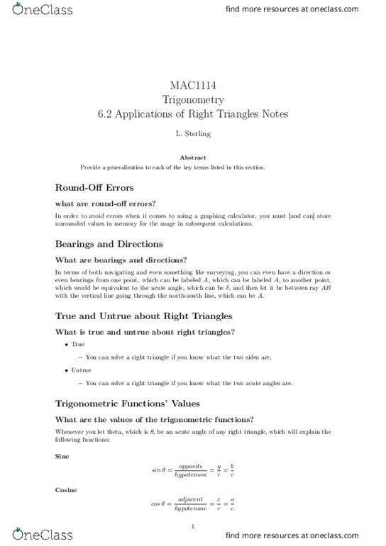 MAC1114 Lecture Notes - Lecture 2: Hypotenuse, Graphing Calculator, Pythagorean Theorem thumbnail