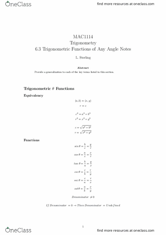 MAC1114 Lecture 3: 6.3 Trigonometric Functions of Any Angle Notes thumbnail
