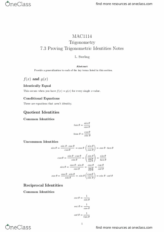 MAC1114 Lecture 9: 7.3 Proving Trigonometric Identities Notes thumbnail