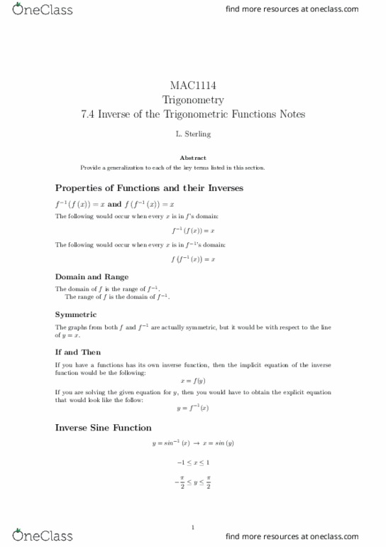 MAC1114 Lecture Notes - Lecture 10: Inverse Function, Inverse Trigonometric Functions, Trigonometric Functions thumbnail