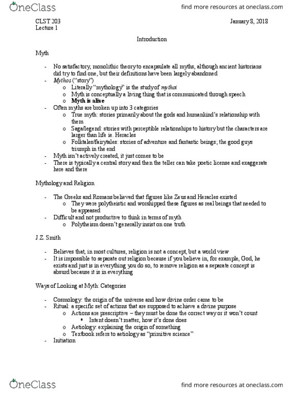 CLST 203 Lecture Notes - Lecture 1: Sigmund Freud, Carl Jung, Oedipus Complex thumbnail