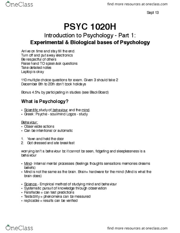 PSYC 1020H Lecture Notes - Lecture 1: Psychometrics, Applied Psychology, Testability thumbnail