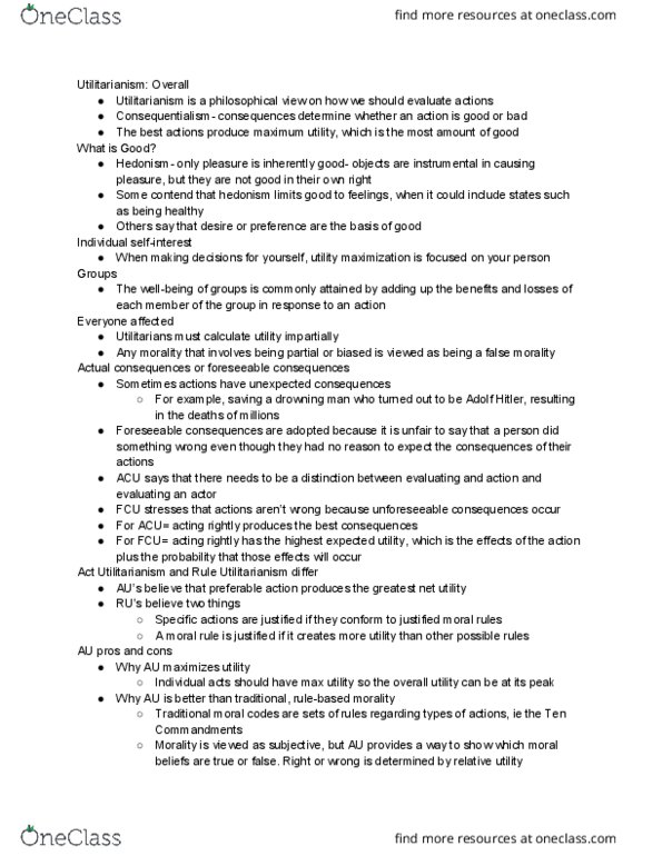 PHIL 313 Chapter Notes - Chapter 1: Act Utilitarianism, Consequentialism thumbnail